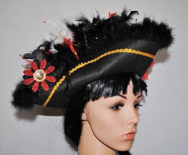 verkauft Dreispitz Piratin weiss rot schwarz, Einzelstück, Piratenhut, handgefertigt, Karnevalshut